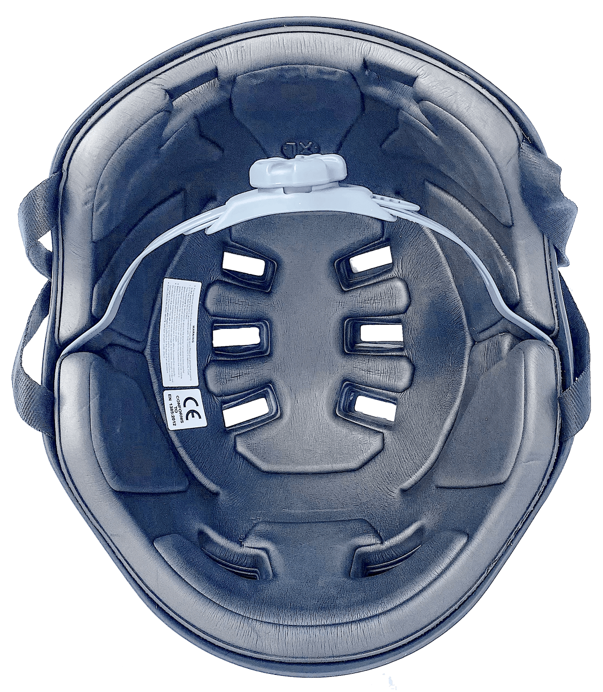 Underside of AXEL off road helmet showcasing padded interior, ventilation openings, and fit dial on a green background