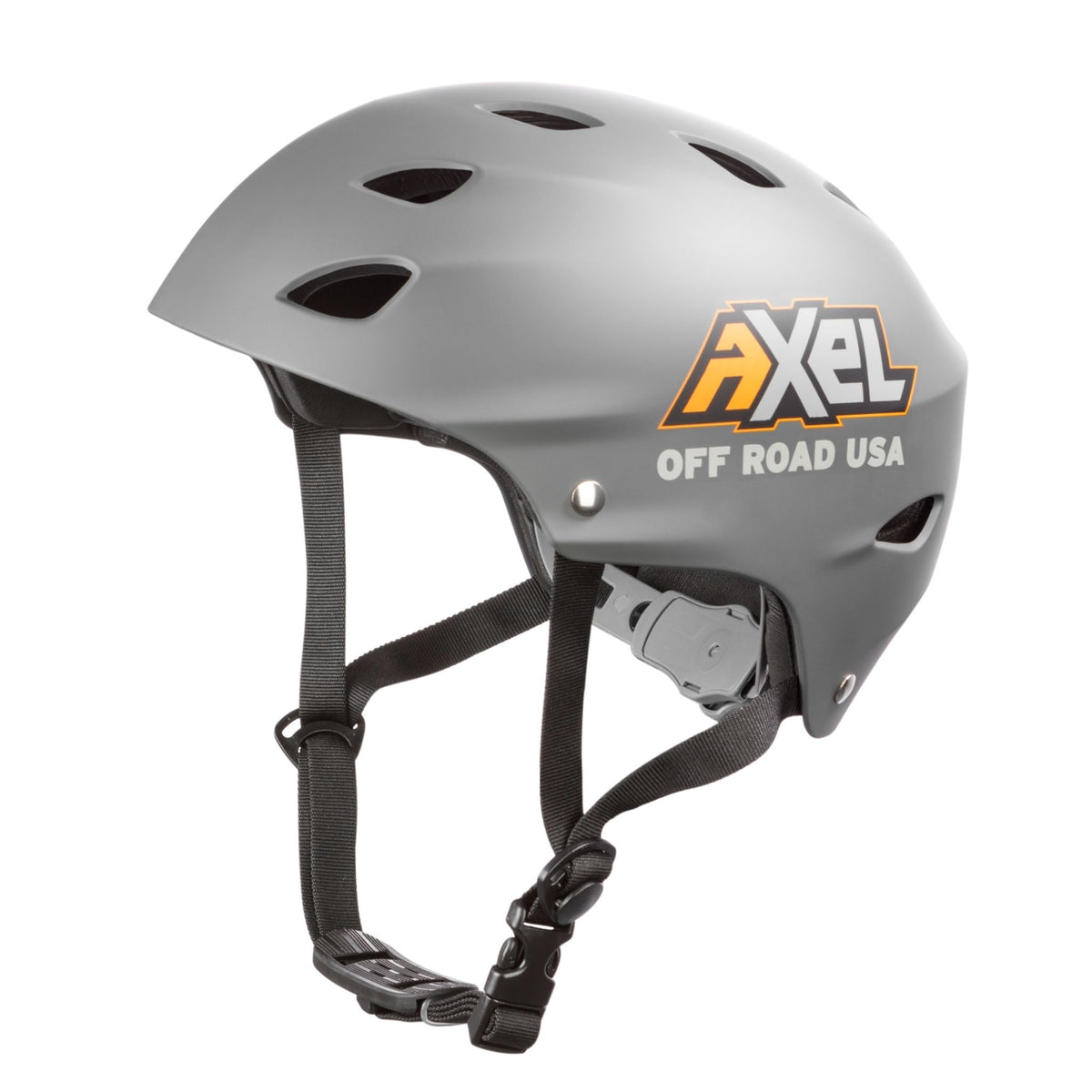 Three-quarter view of gray off road trail helmet showcasing ventilation openings and AXEL logo on a white background