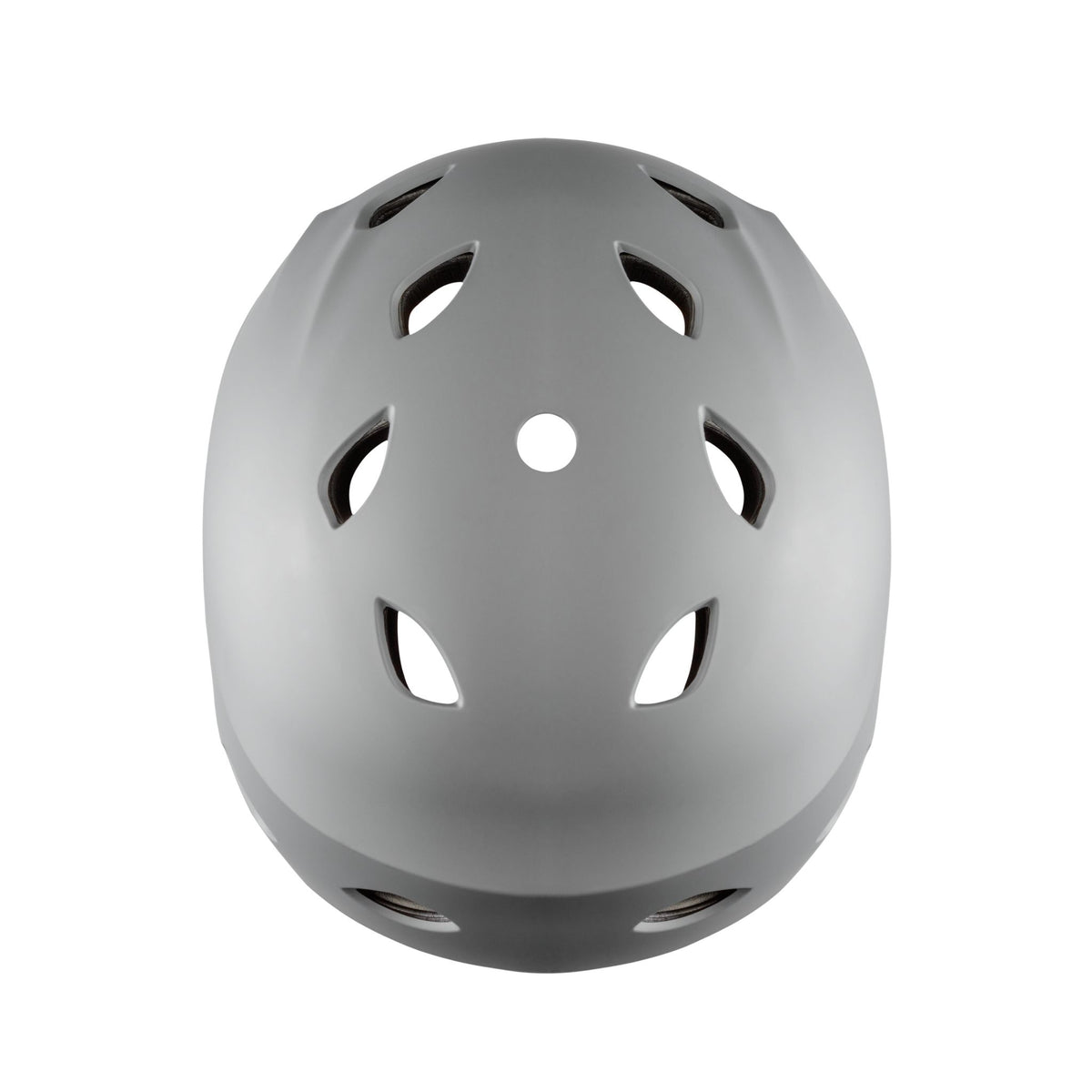 Top view of gray off road trail helmet showcasing ventilation openings on a white background