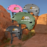Four Axel off-road helmets in different colors against a desert background
