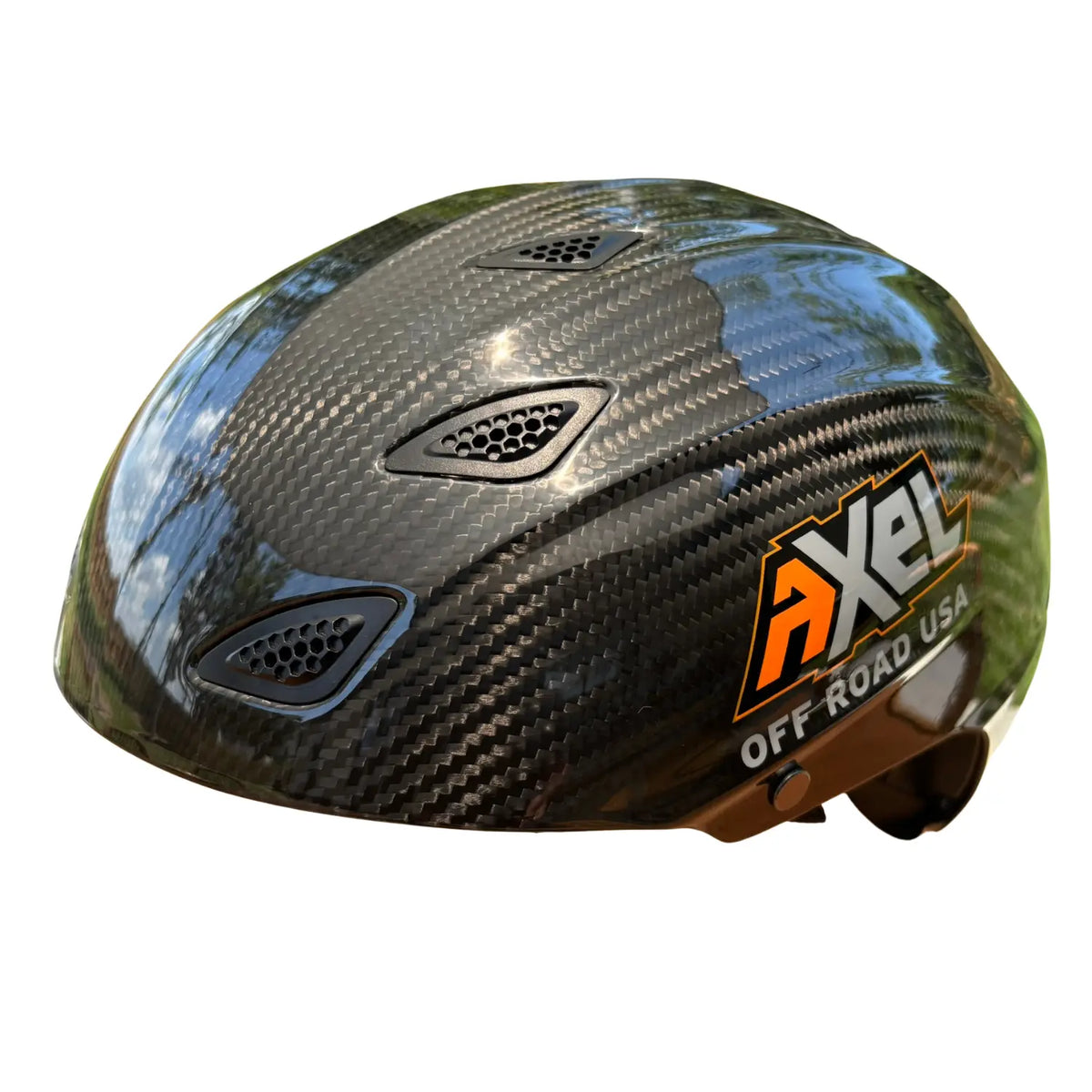 3 4ths view of half shell carbon fiber dot helmet from axel off road