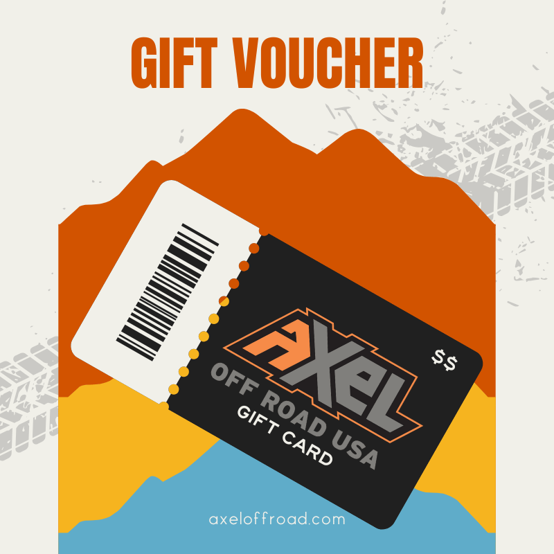 Gift voucher for Axel Off Road USA with brand logo and website on a colorful background