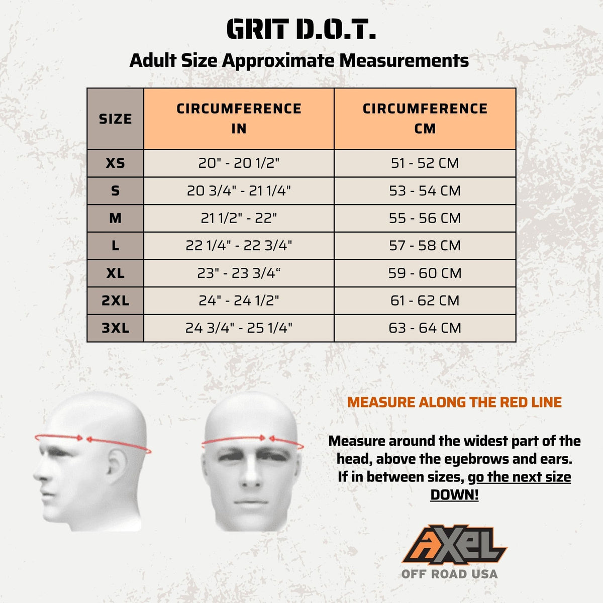 dot helmet size chart with measuring instructions for axel off road