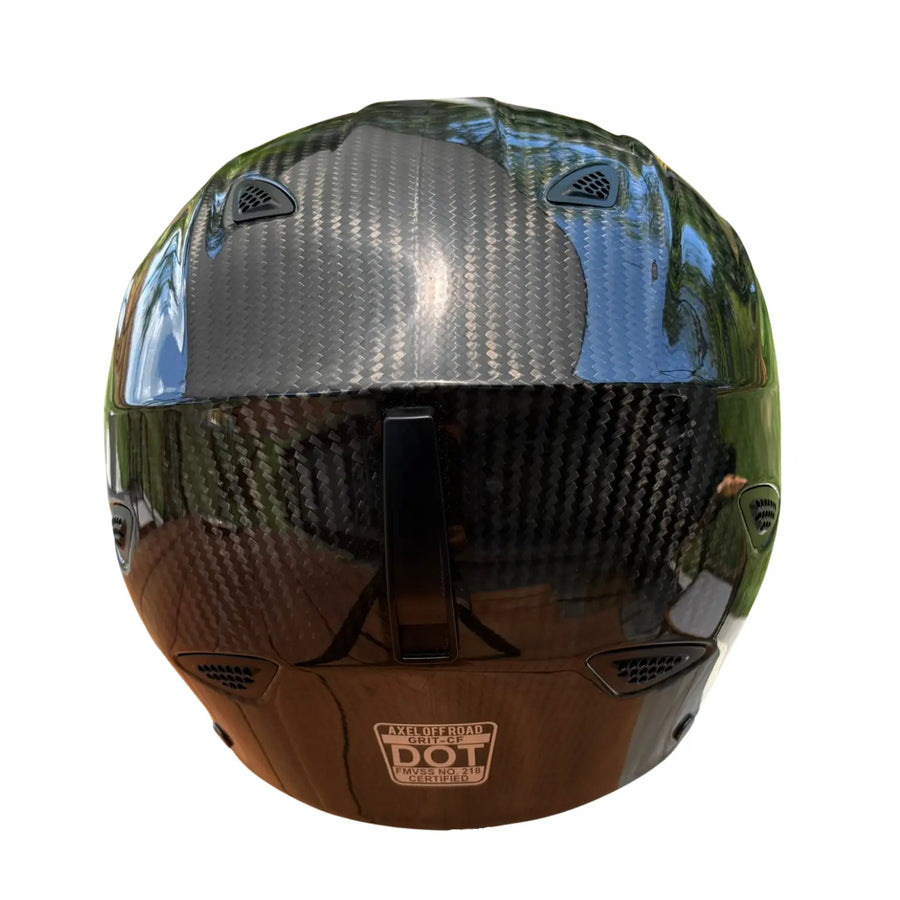back view of axel off road carbon fiber DOT helmet
