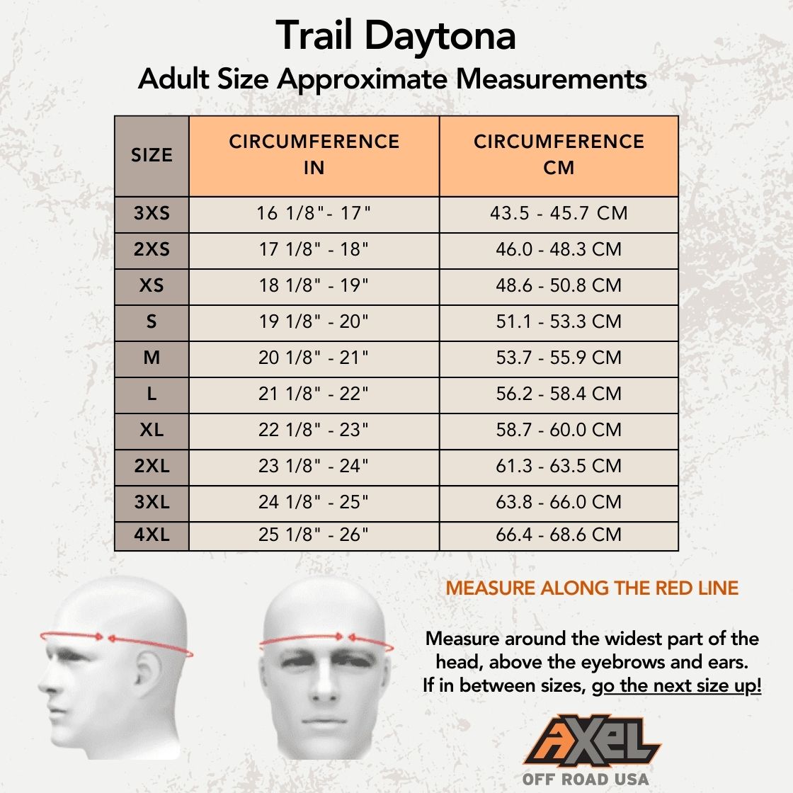 Trail Daytona adult helmet size chart showing head circumference from 3XS to 4XL in inches and centimeters
