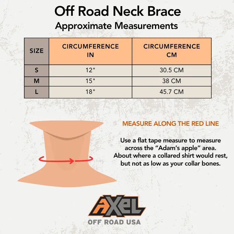 Measurement chart for off-road neck brace with size guide and AXEL Off Road USA logo.