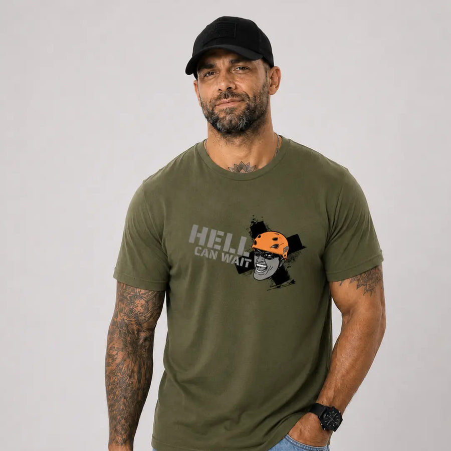man in hat wearing olive green axel off road shirt that reads hell can wait