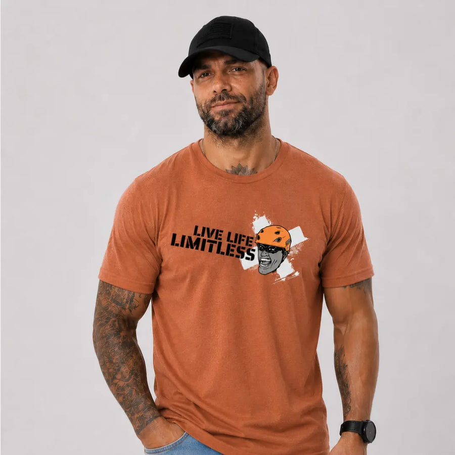 man in hat wearing orange axel off road shirt that reads live life limitless