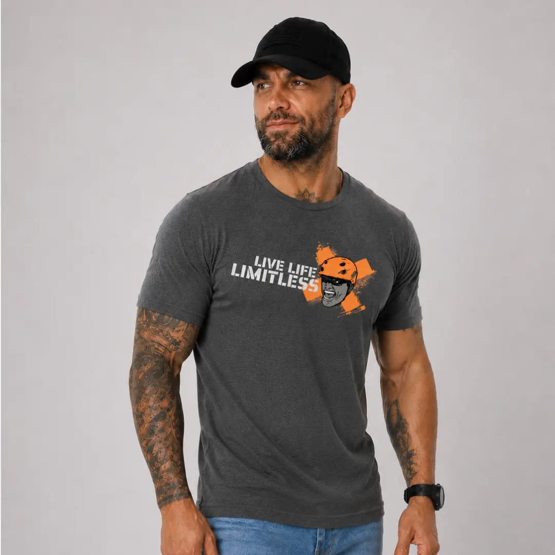 man in hat wearing gray axel off road shirt that reads live life limitless