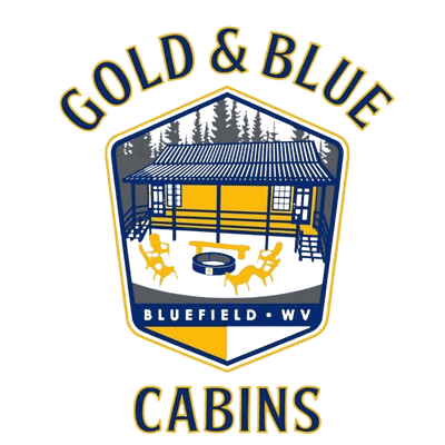 Logo of Gold & Blue Cabins with a cabin and fire pit design